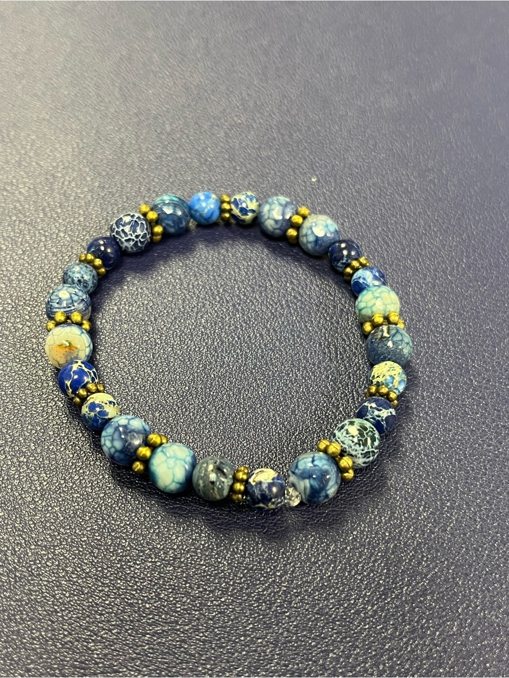 Blue Stone Beaded Stretch Bracelet with Gold Accents